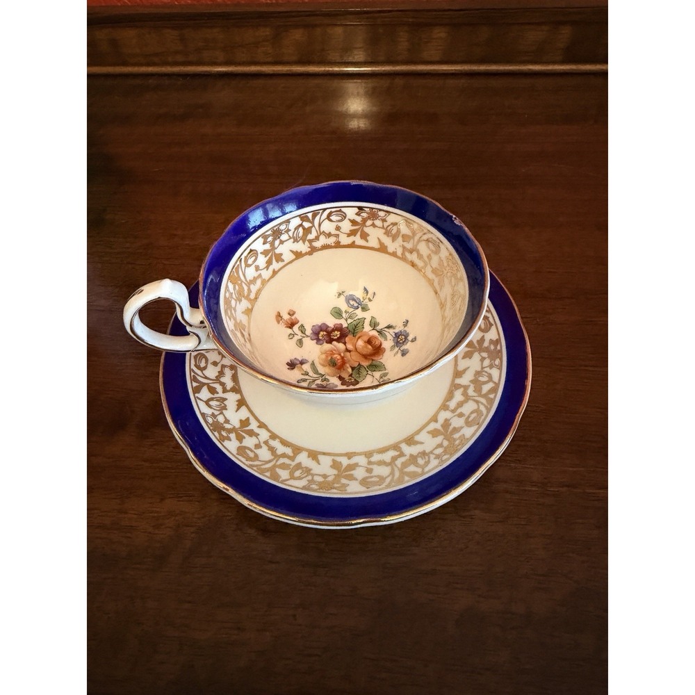 Aynsley Cobalt Blue, Gold, Floral, Teacup & Saucer. Fine Bone China. Vintage
